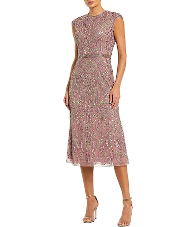 Mac Duggal Embellished Cap Sleeve High Neck Fitted Midi Dress