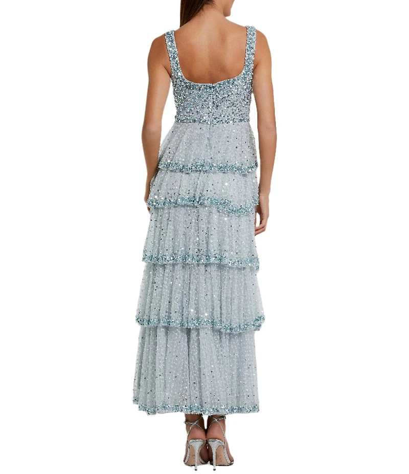 Mac Duggal Embellished Square Neck Sleeveless Ruffle Tiered Maxi Dress