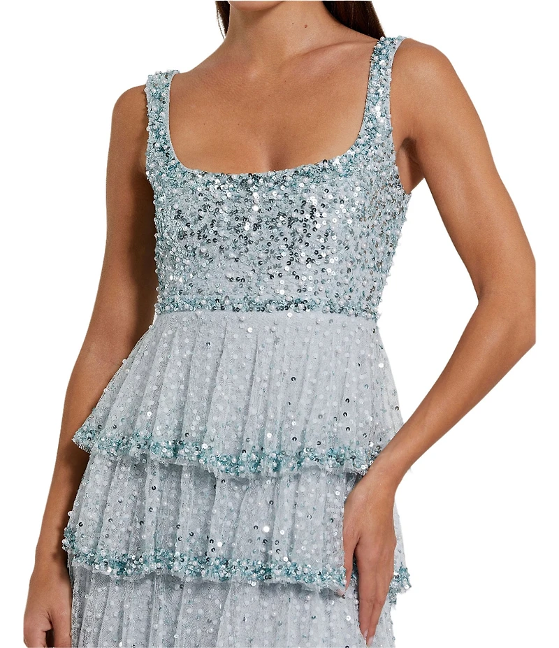 Mac Duggal Embellished Square Neck Sleeveless Ruffle Tiered Maxi Dress