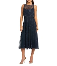Mac Duggal Embellished Tulle High Neck Sleeveless A-Line Midi Dress