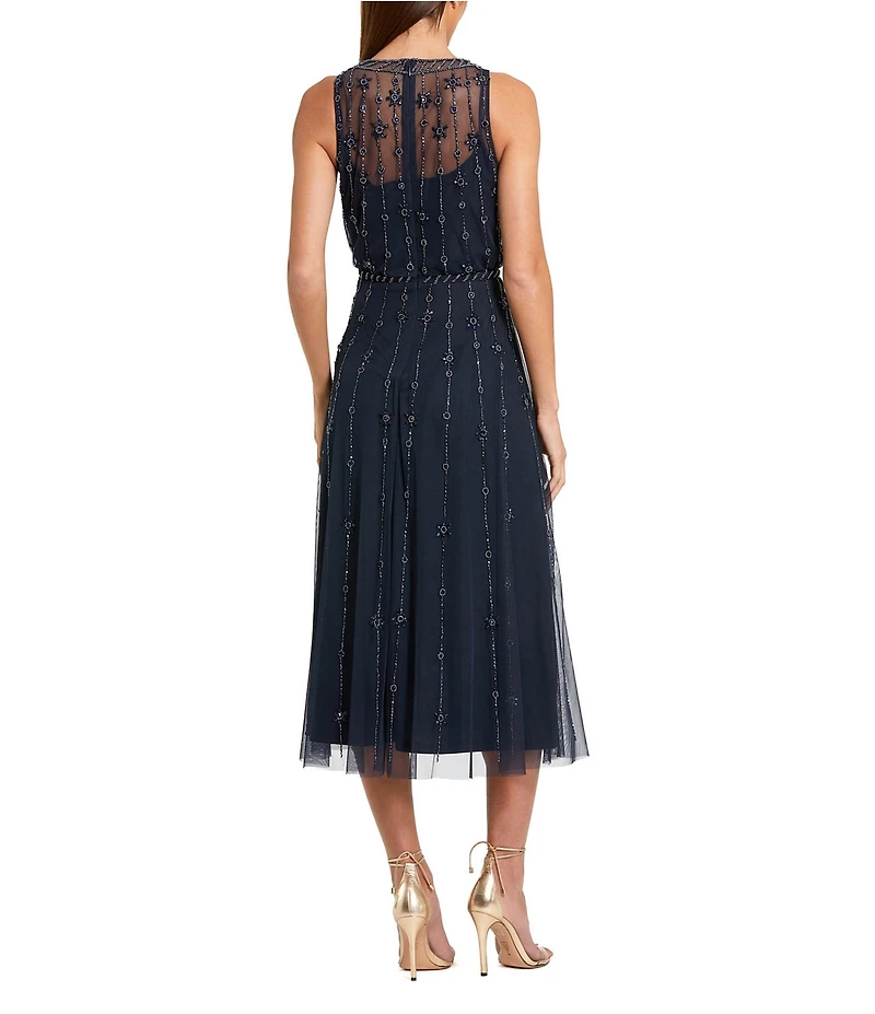 Mac Duggal Embellished Tulle High Neck Sleeveless A-Line Midi Dress
