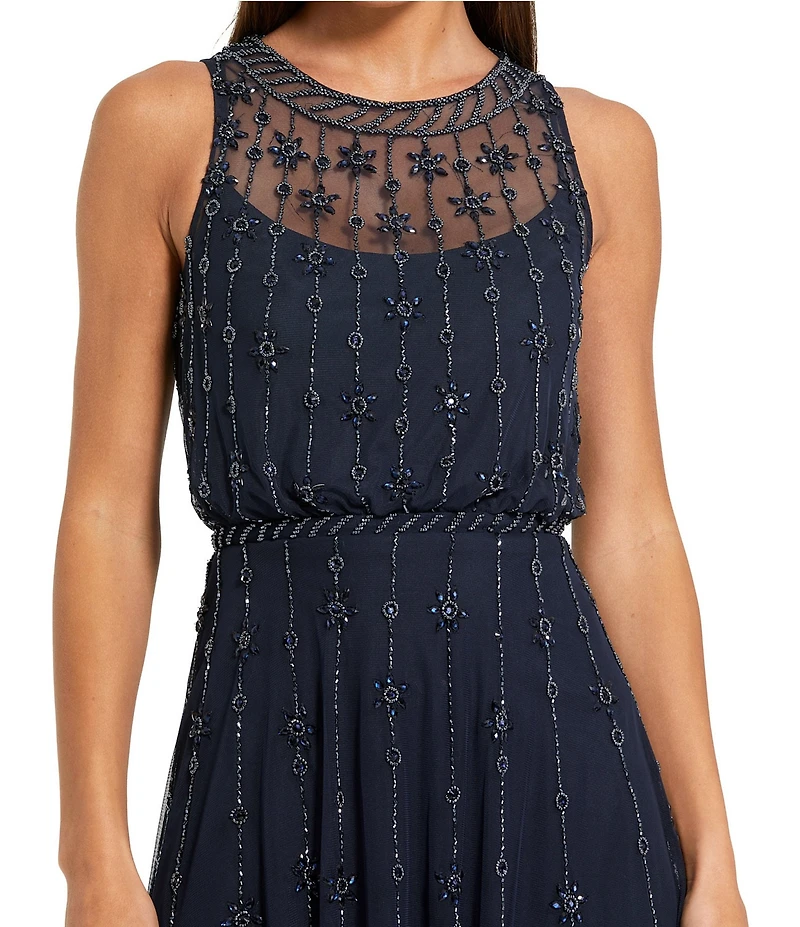 Mac Duggal Embellished Tulle High Neck Sleeveless A-Line Midi Dress