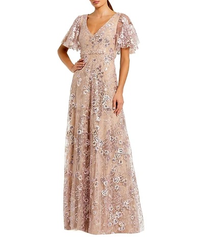 Mac Duggal Embellished V-Neck Butterfly Sleeve A-Line Gown