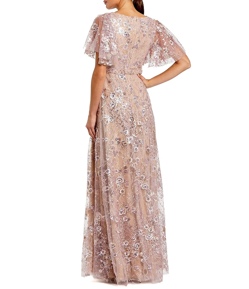 Mac Duggal Embellished V-Neck Butterfly Sleeve A-Line Gown