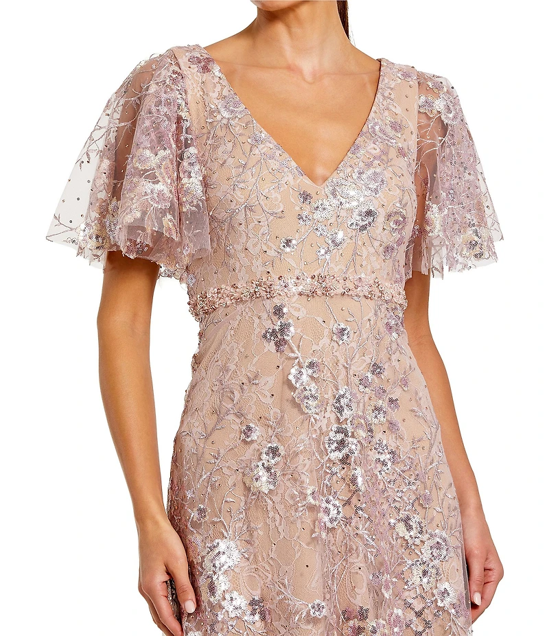 Mac Duggal Embellished V-Neck Butterfly Sleeve A-Line Gown