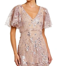 Mac Duggal Embellished V-Neck Butterfly Sleeve A-Line Gown