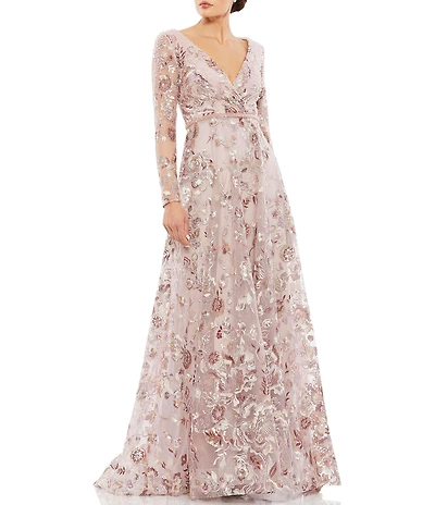 Mac Duggal Embellished V-Neck Embroidered Illusion Long Sleeve A-Line Gown