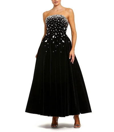 Mac Duggal Embellished Velvet Strapless A Line Ankle Dress