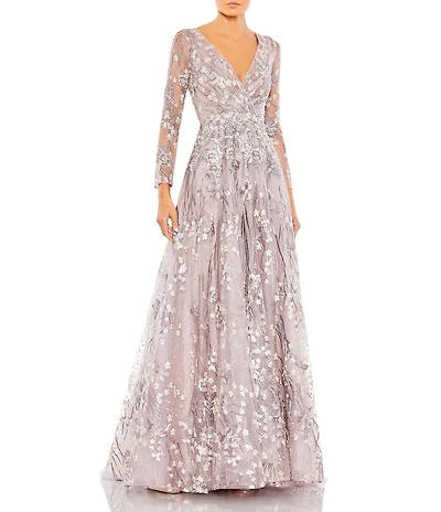 Mac Duggal Embellished Wrap Over Embroidered Illusion Long Sleeve A-Line Gown