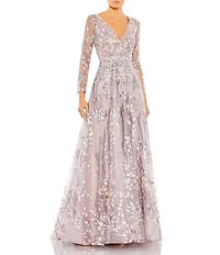 Mac Duggal Embellished Wrap Over Embroidered Illusion Long Sleeve A-Line Gown