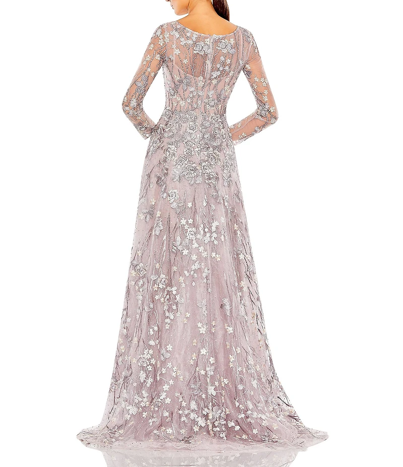 Mac Duggal Embellished Wrap Over Embroidered Illusion Long Sleeve A-Line Gown
