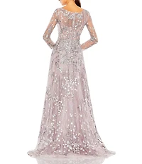 Mac Duggal Embellished Wrap Over Embroidered Illusion Long Sleeve A-Line Gown