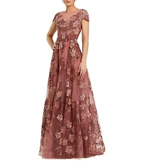 Mac Duggal Embroidered Boat Neck Short Sleeve Beaded Floral Applique Gown
