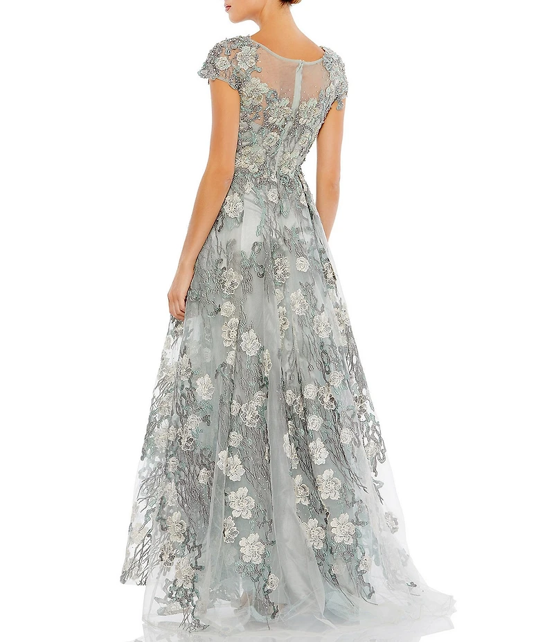 Mac Duggal Embroidered Boat Neck Short Sleeve Beaded Floral Applique Gown