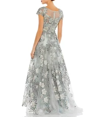 Mac Duggal Embroidered Boat Neck Short Sleeve Beaded Floral Applique Gown