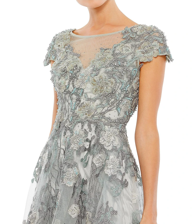 Mac Duggal Embroidered Boat Neck Short Sleeve Beaded Floral Applique Gown
