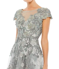 Mac Duggal Embroidered Boat Neck Short Sleeve Beaded Floral Applique Gown