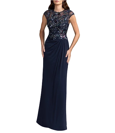 Mac Duggal Embroidered Cap Sleeve Jersey Gown