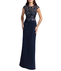 Mac Duggal Embroidered Cap Sleeve Jersey Gown
