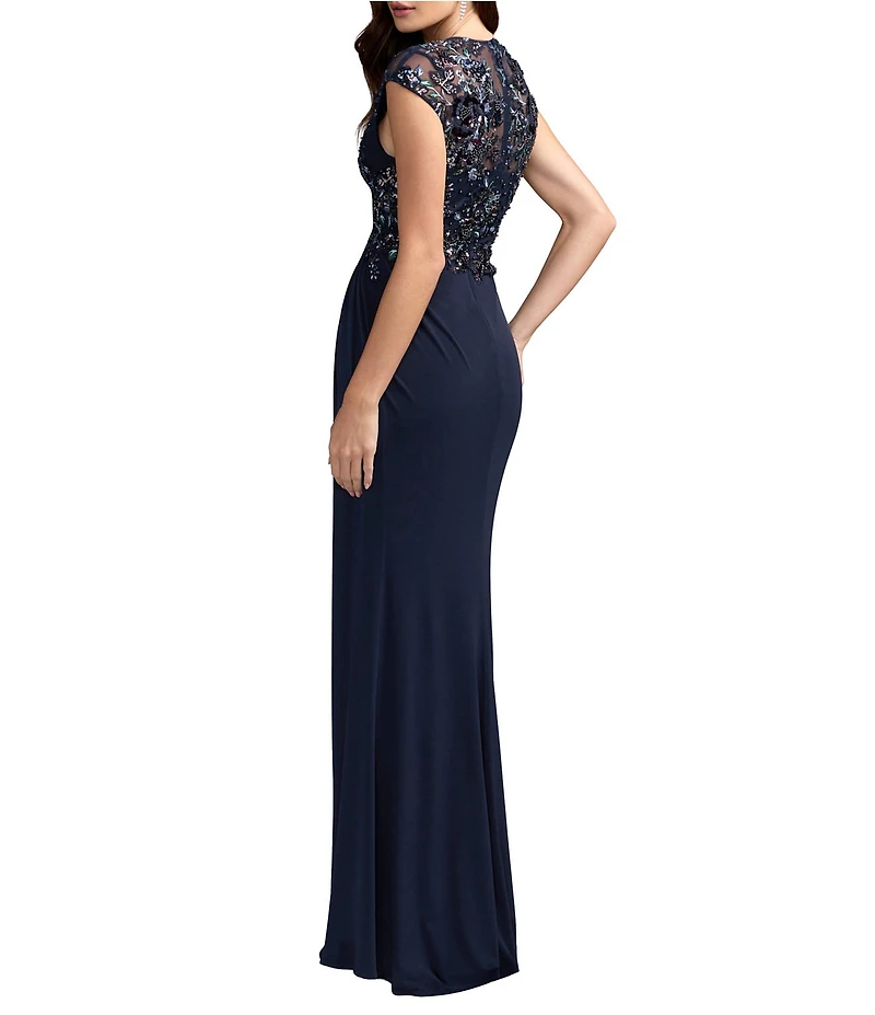 Mac Duggal Embroidered Cap Sleeve Jersey Gown