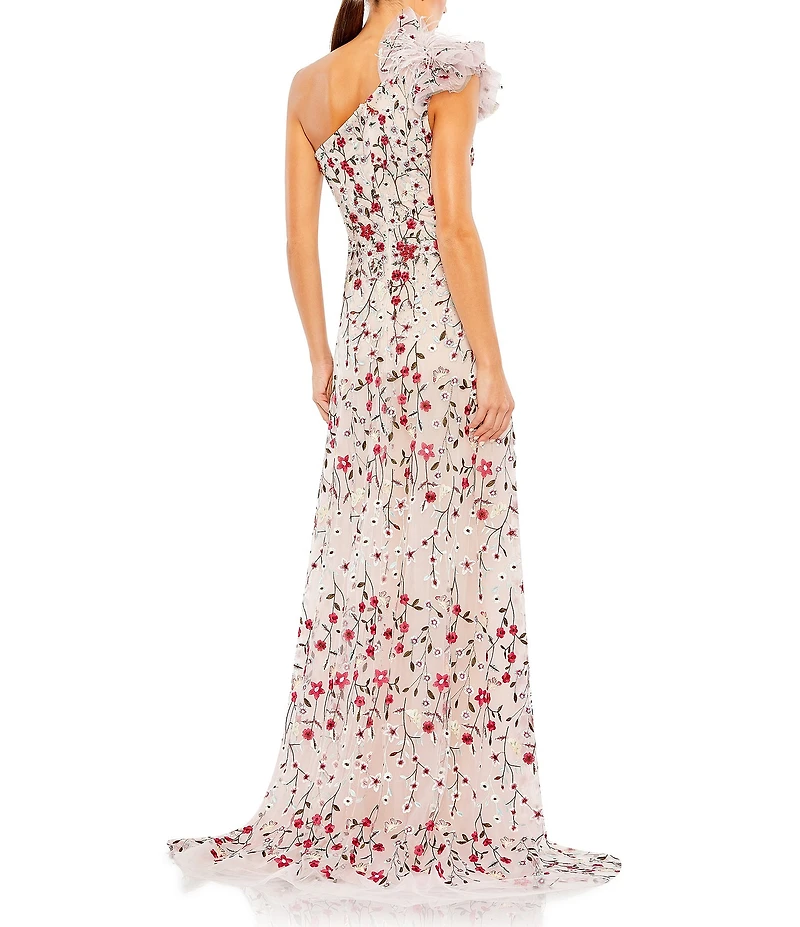 Mac Duggal Embroidered Floral Embellished Ruffled One Shoulder A-Line Gown