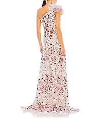 Mac Duggal Embroidered Floral Embellished Ruffled One Shoulder A-Line Gown