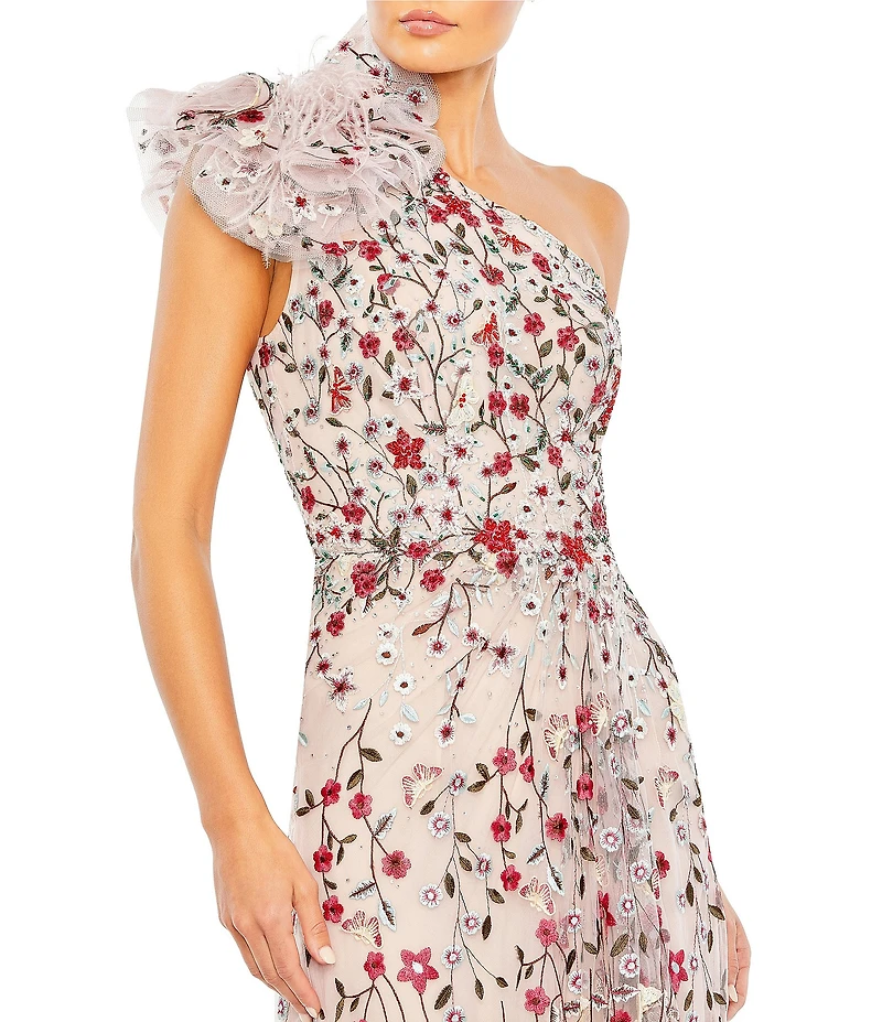 Mac Duggal Embroidered Floral Embellished Ruffled One Shoulder A-Line Gown