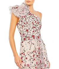Mac Duggal Embroidered Floral Embellished Ruffled One Shoulder A-Line Gown