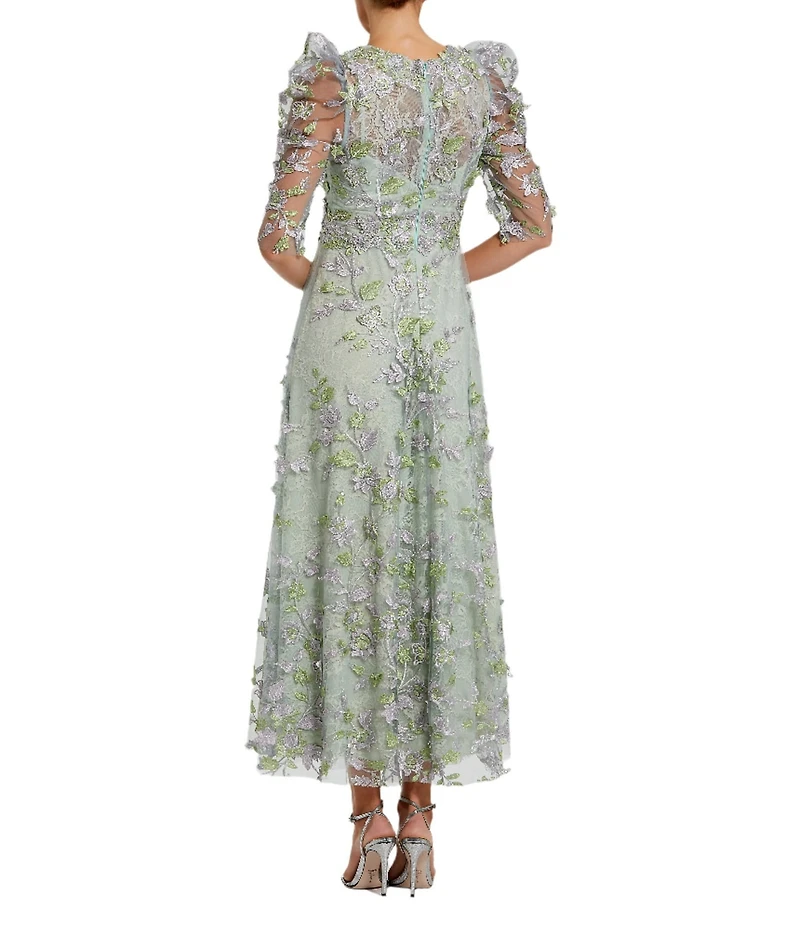 Mac Duggal Embroidered Floral Lace Crew Neck 3/4 Puff Sleeve A-Line Midi Dress