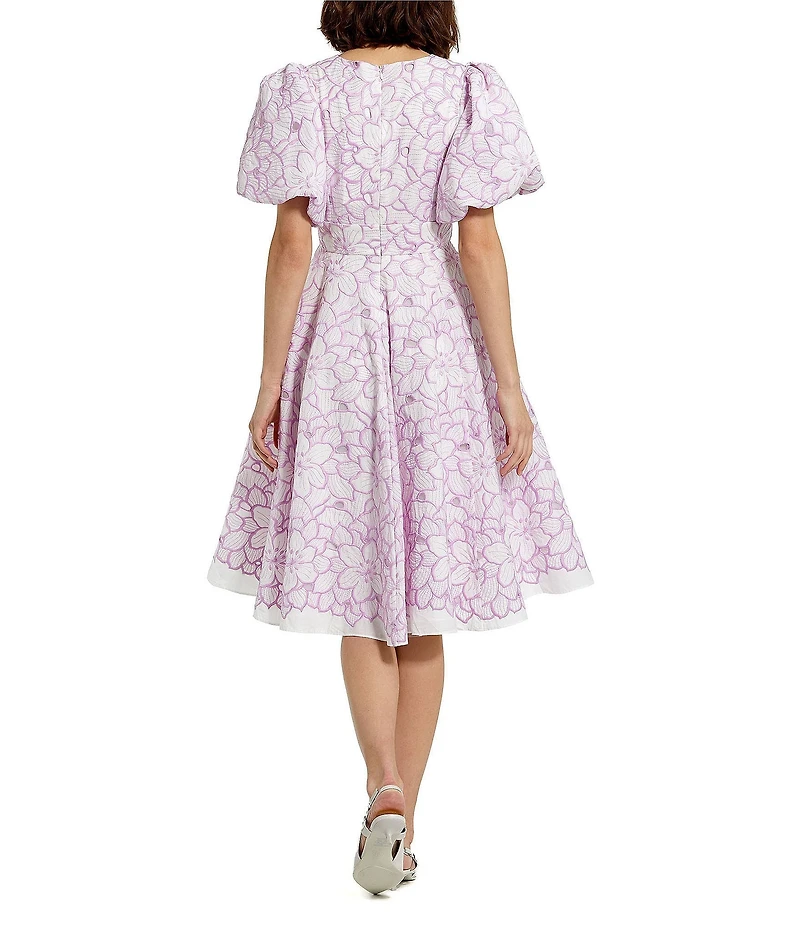 Mac Duggal Embroidered Floral Print V-Neck Short Puff Sleeve A-Line Dress