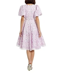 Mac Duggal Embroidered Floral Print V-Neck Short Puff Sleeve A-Line Dress