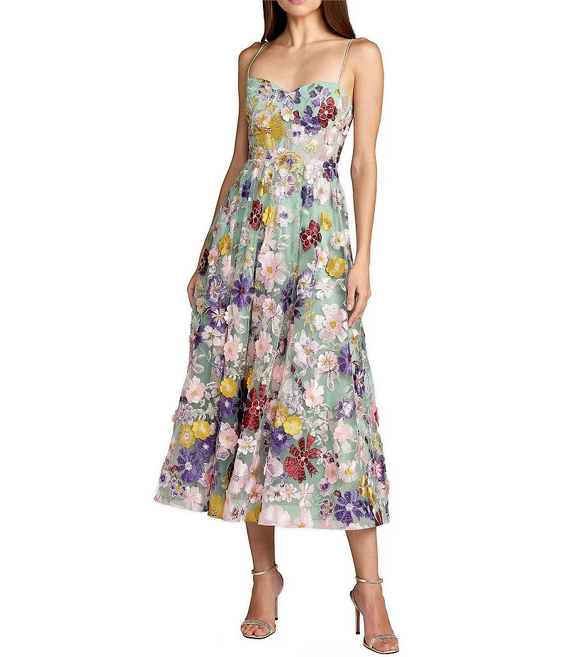 Mac Duggal Embroidered Floral Sleeveless Bustier Midi Dress