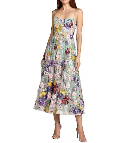 Mac Duggal Embroidered Floral Sleeveless Bustier Midi Dress