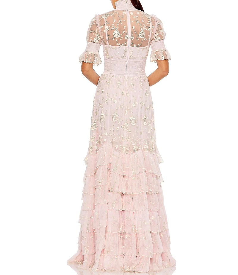 Mac Duggal Embroidered Floral Tiered Smock Neck Gown