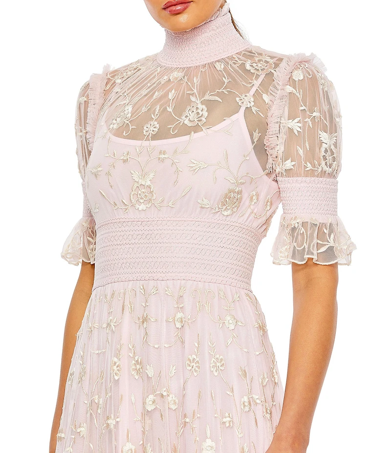 Mac Duggal Embroidered Floral Tiered Smock Neck Gown