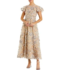 Mac Duggal Embroidered Flutter Sleeve Ankle Long Dress