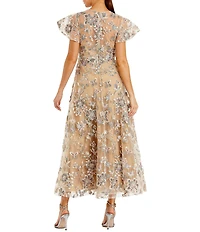 Mac Duggal Embroidered Flutter Sleeve Ankle Long Dress