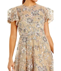 Mac Duggal Embroidered Flutter Sleeve Ankle Long Dress