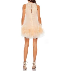 Mac Duggal Embroidered Halter Neck Sleeveless Ruffled Hem Trapeze Mini Dress