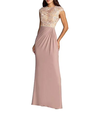 Mac Duggal Embroidered Jersey Cap Sleeve Column Gown