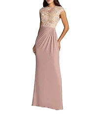 Mac Duggal Embroidered Jersey Cap Sleeve Column Gown