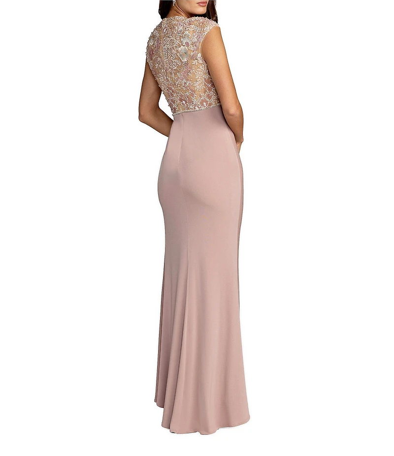 Mac Duggal Embroidered Jersey Cap Sleeve Column Gown