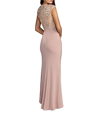 Mac Duggal Embroidered Jersey Cap Sleeve Column Gown