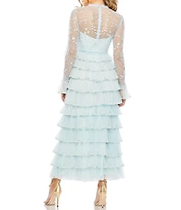 Mac Duggal Embroidered Crew Neck Long Sleeve Tiered Ruffled Hem Maxi Dress