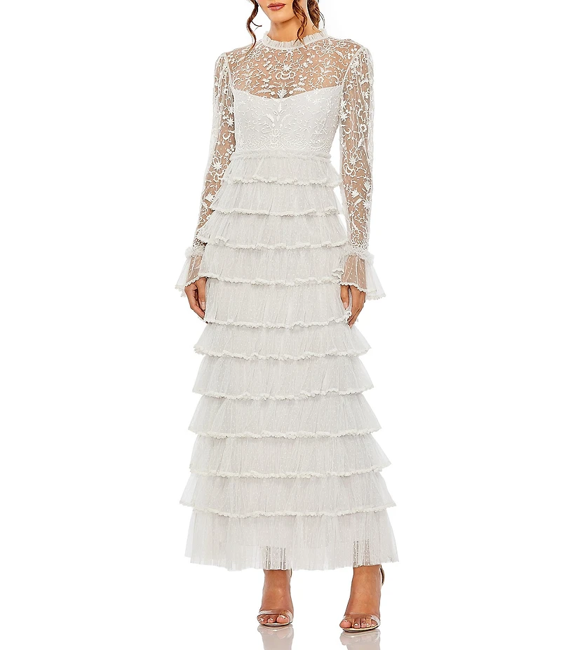 Mac Duggal Embroidered Crew Neck Long Sleeve Tiered Ruffled Hem Maxi Dress