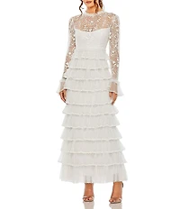 Mac Duggal Embroidered Crew Neck Long Sleeve Tiered Ruffled Hem Maxi Dress
