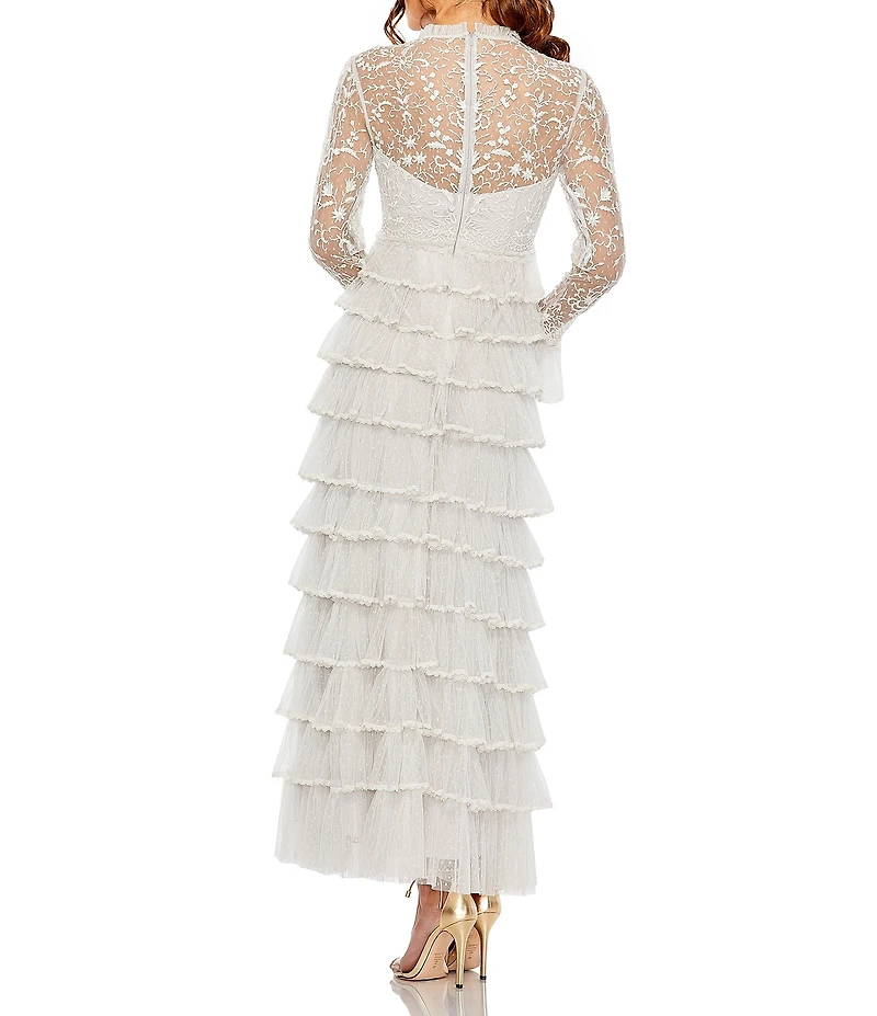 Mac Duggal Embroidered Crew Neck Long Sleeve Tiered Ruffled Hem Maxi Dress