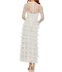 Mac Duggal Embroidered Crew Neck Long Sleeve Tiered Ruffled Hem Maxi Dress