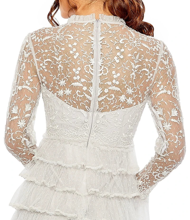 Mac Duggal Embroidered Crew Neck Long Sleeve Tiered Ruffled Hem Maxi Dress