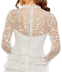 Mac Duggal Embroidered Crew Neck Long Sleeve Tiered Ruffled Hem Maxi Dress